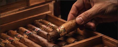 A hand selecting a premium cigar from a cedar humidor