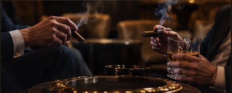 Two cigar enthusiasts sharing a conversation in a refined lounge