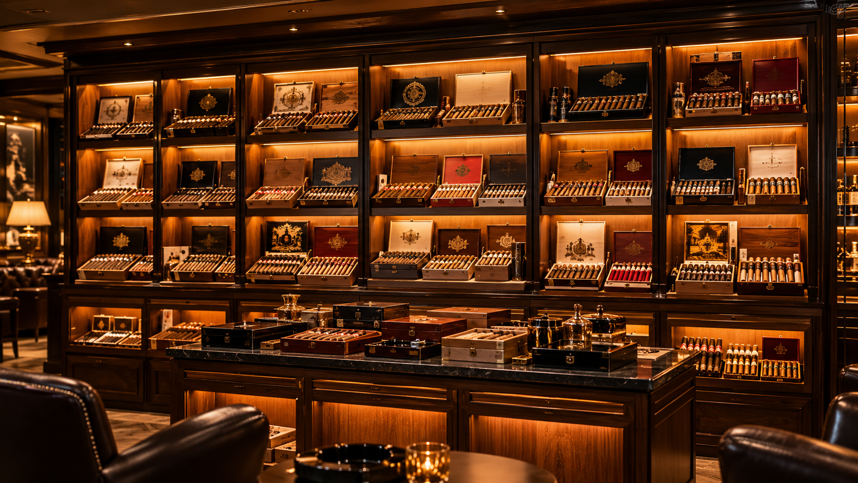 A premium humidor displaying cigar boxes and cigars from a range of manufacturers