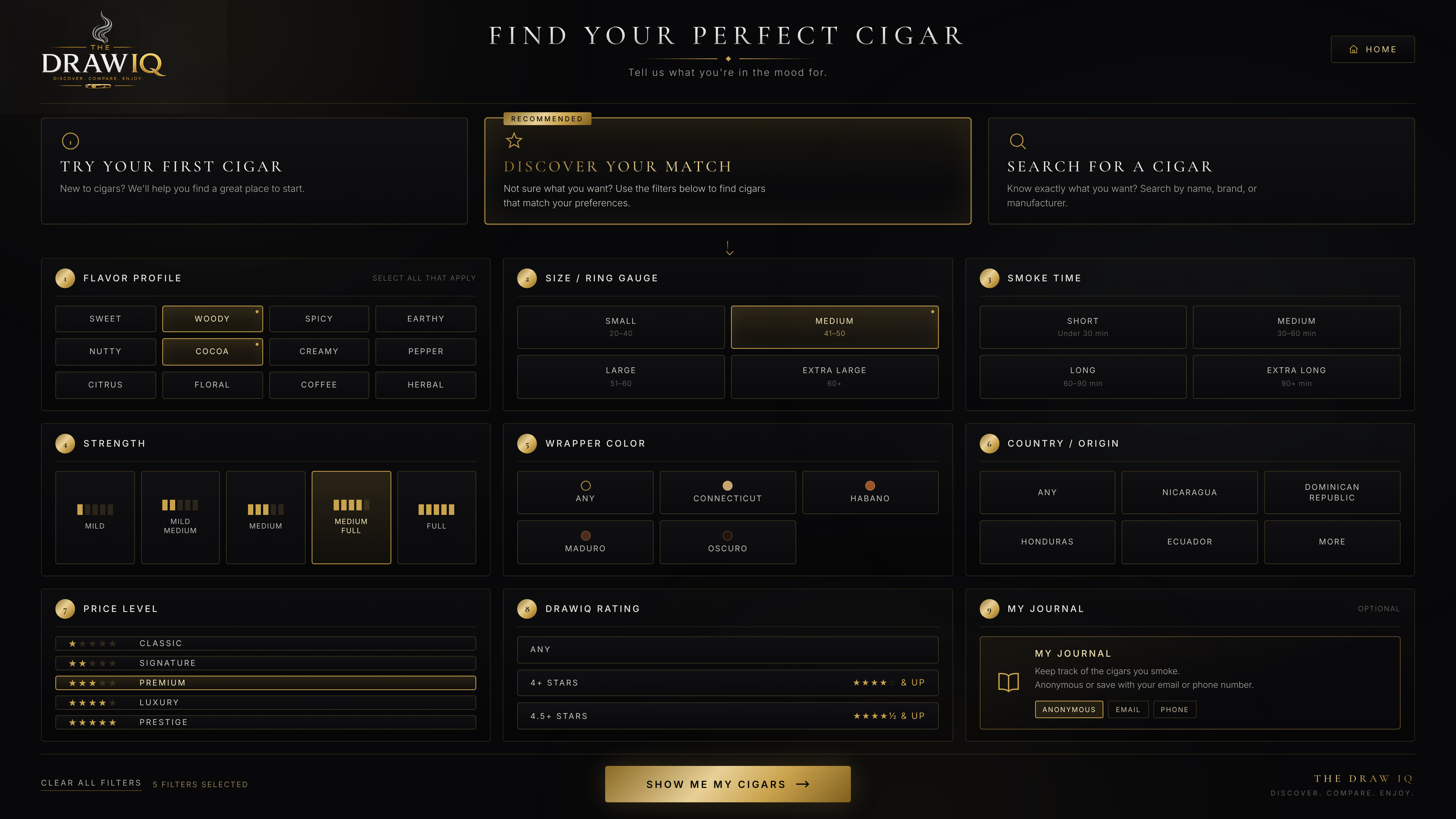 The DrawIQ Find Your Perfect Cigar filtering experience