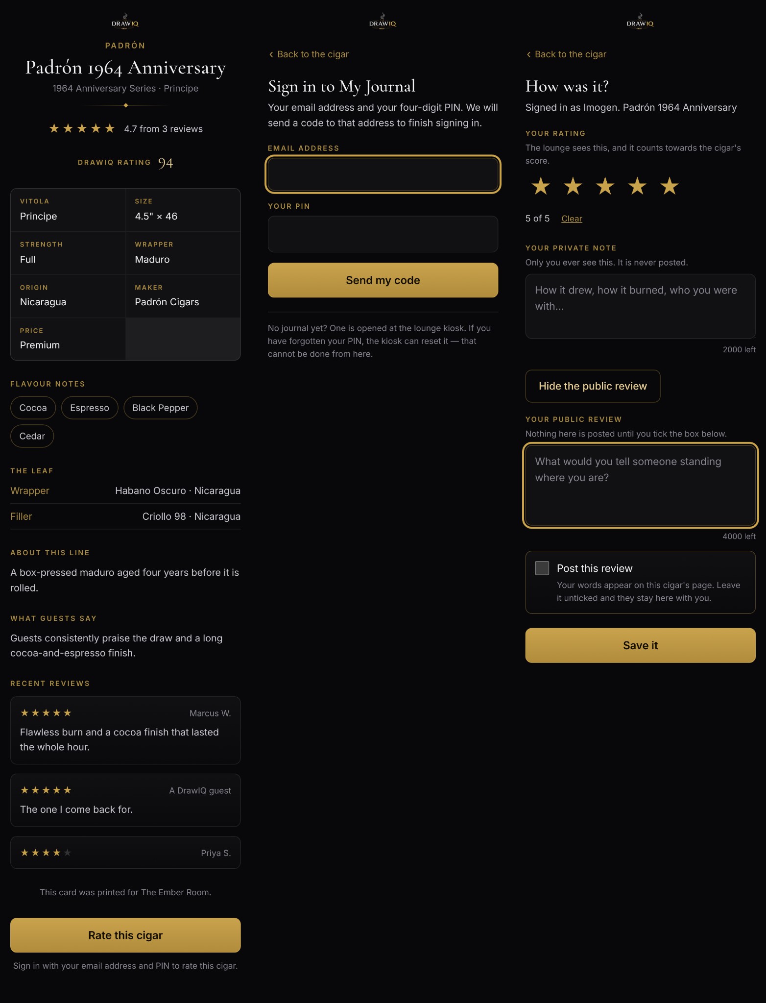The DrawIQ My Journal app screenshot showing a cigar profile, sign-in screen, and private or public review form