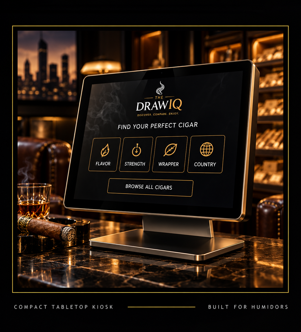 The DrawIQ compact tabletop cigar discovery kiosk experience
