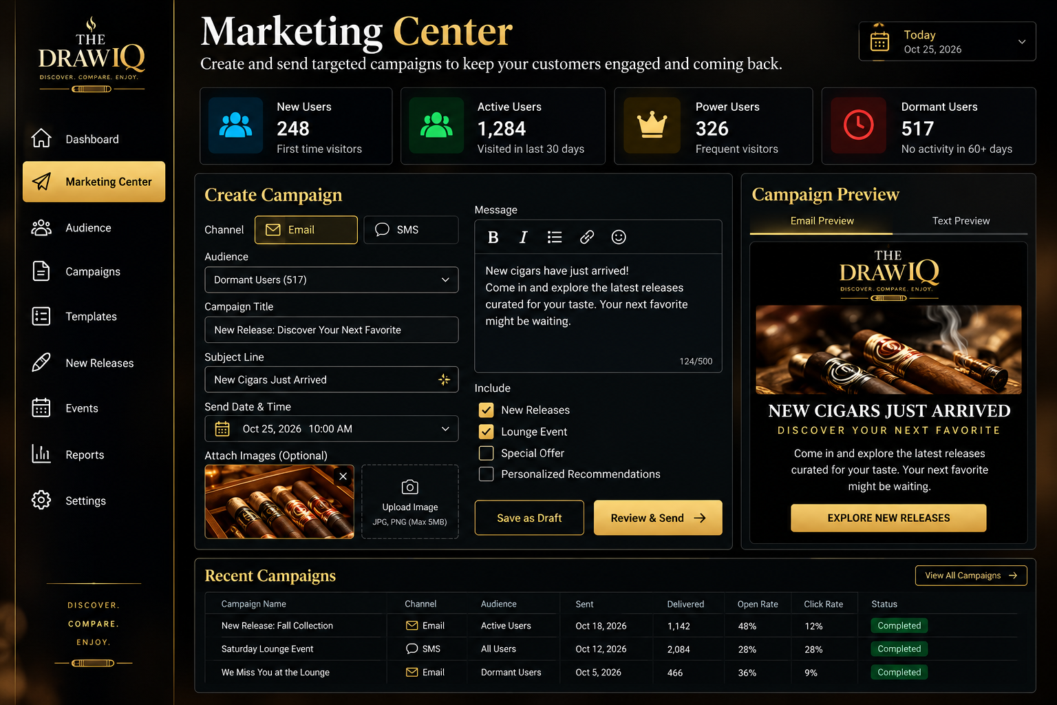 Illustrative The DrawIQ Marketing Center dashboard showing audience segments, email and text campaign creation, cigar photo attachment, and message preview