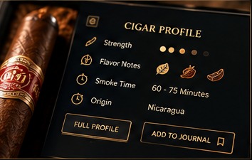 Detailed cigar profile and tobacco information in a warm editorial setting