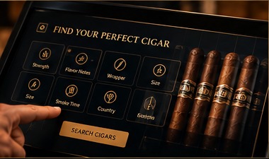Close-up of a customer exploring cigars in a premium humidor